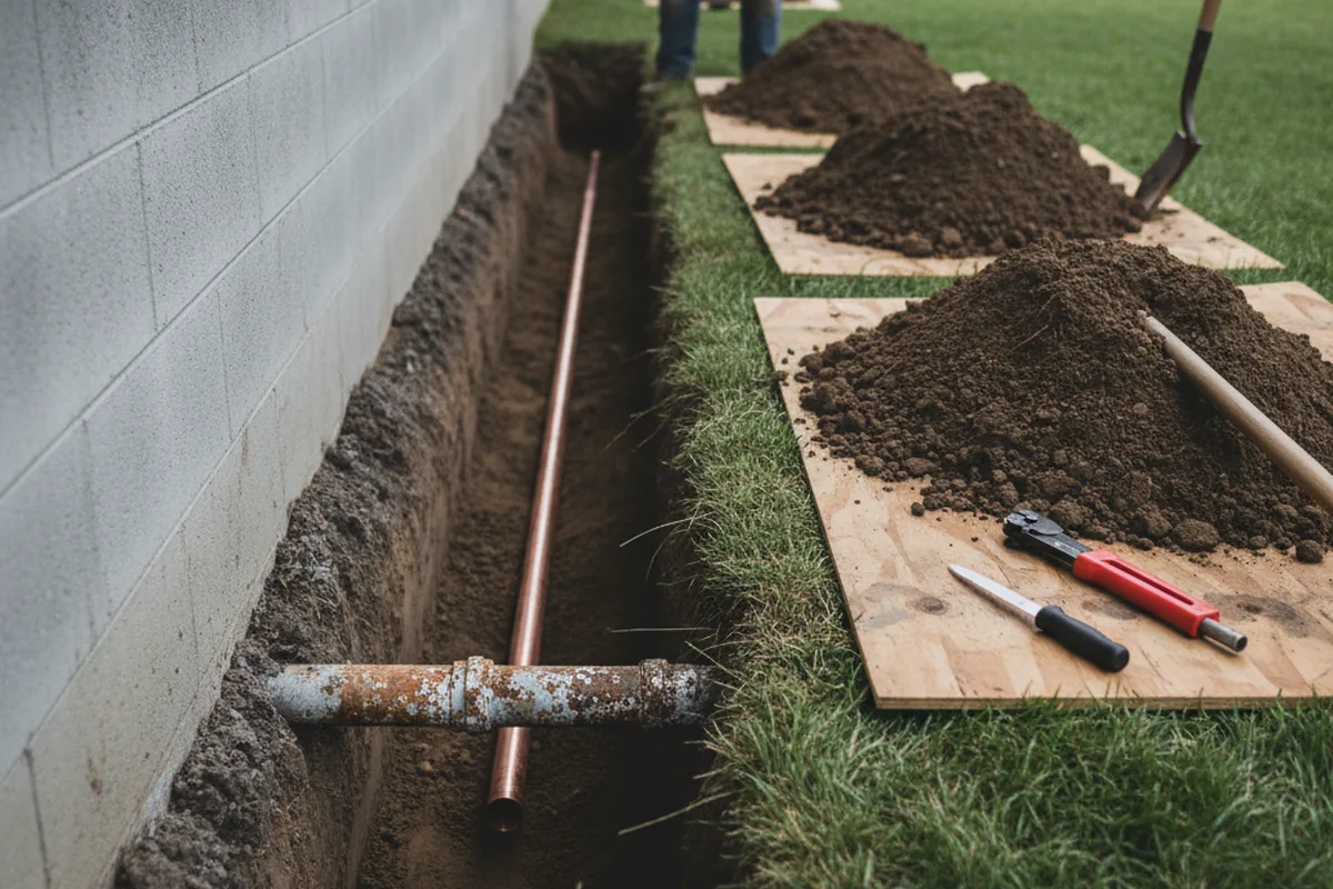 Excavated water line trench during Sewer Line Repair in Castroville